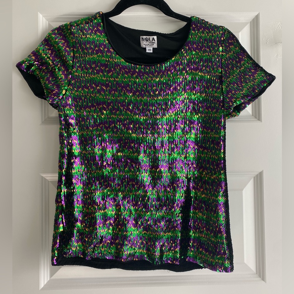 NOLA Sequin Mardi Gras t-shirt in green and purple